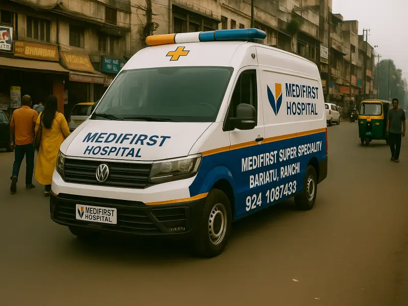 Medifirst Hospital ambulance responding on a Ranchi street