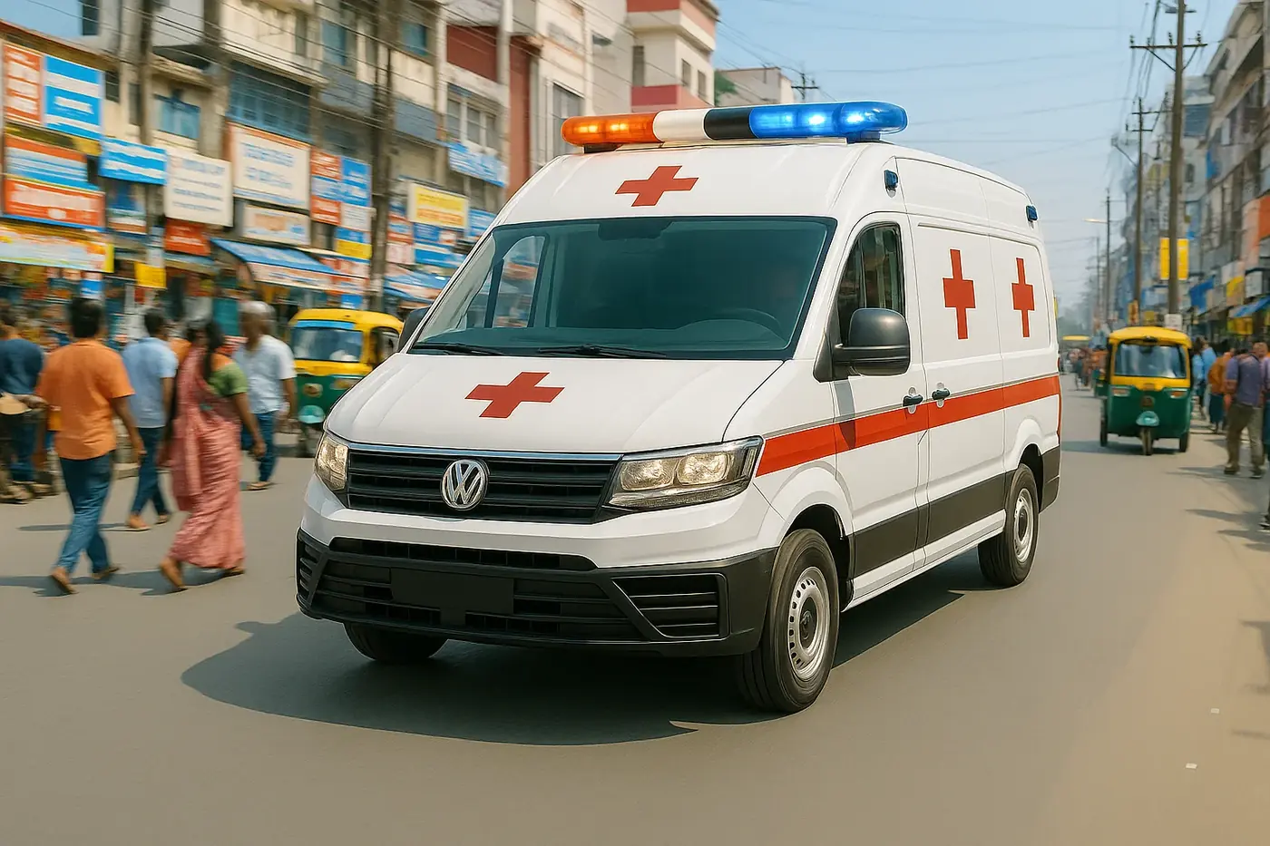 Emergency ambulance on a Ranchi road — MFH Ambulance